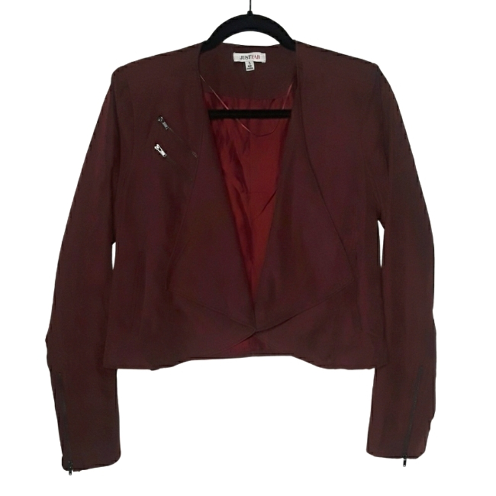 JUST FAB Burgundy Faux Suede Zipper Moto Crop Jacket Small